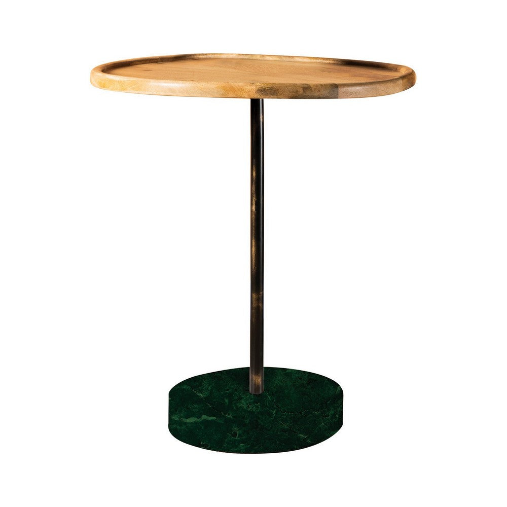 26 Inch Modern Accent Table, Round Tray Top, Dark Green Marble Base, Brown - BM280465