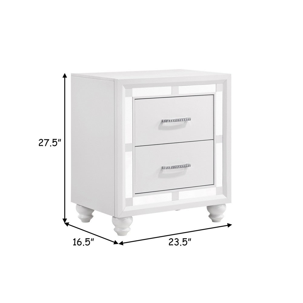 Pia 27 Inch Modern Nightstand, 2 Drawers, Mirrored Trim, Felt Lined, White - BM280477