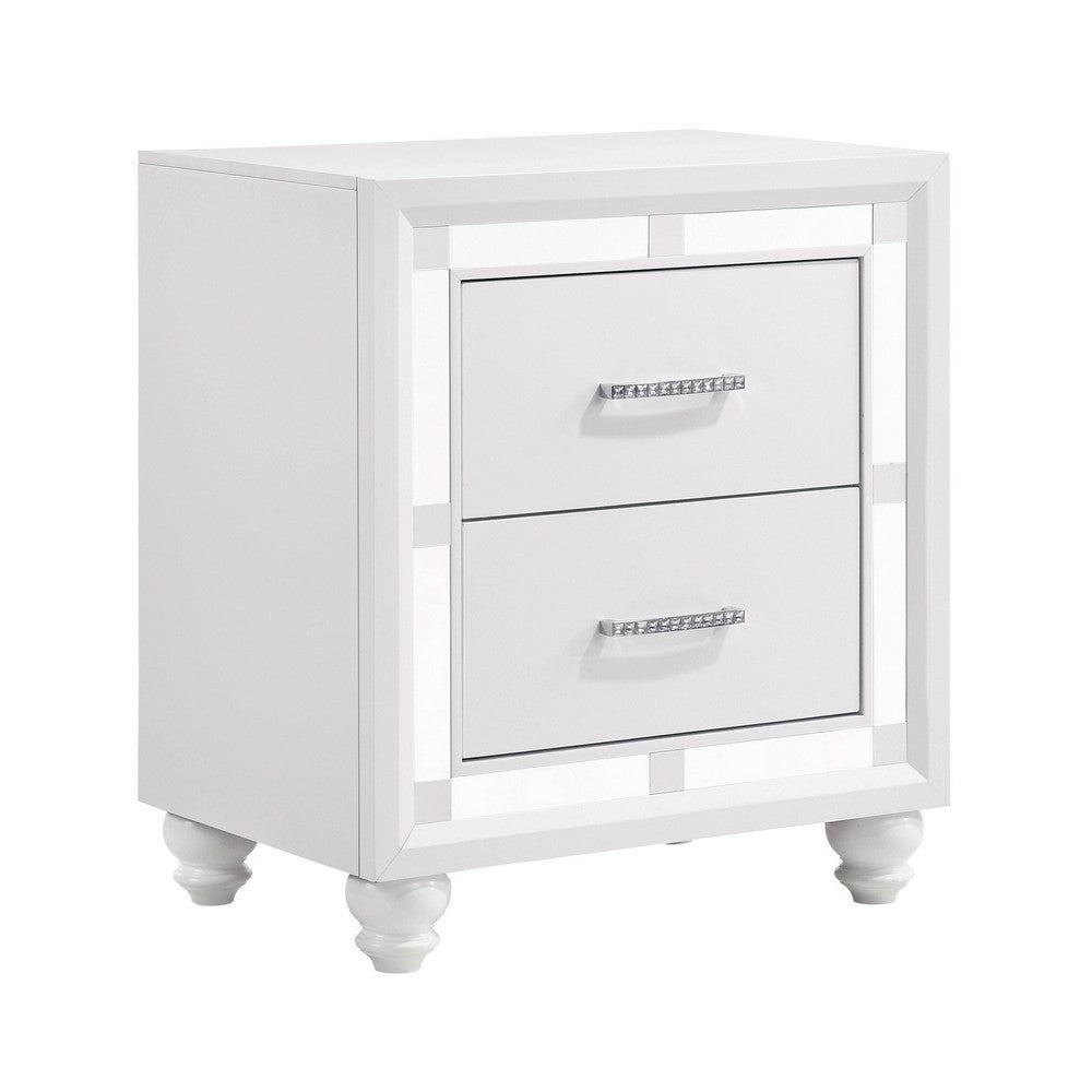 Pia 27 Inch Modern Nightstand, 2 Drawers, Mirrored Trim, Felt Lined, White - BM280477