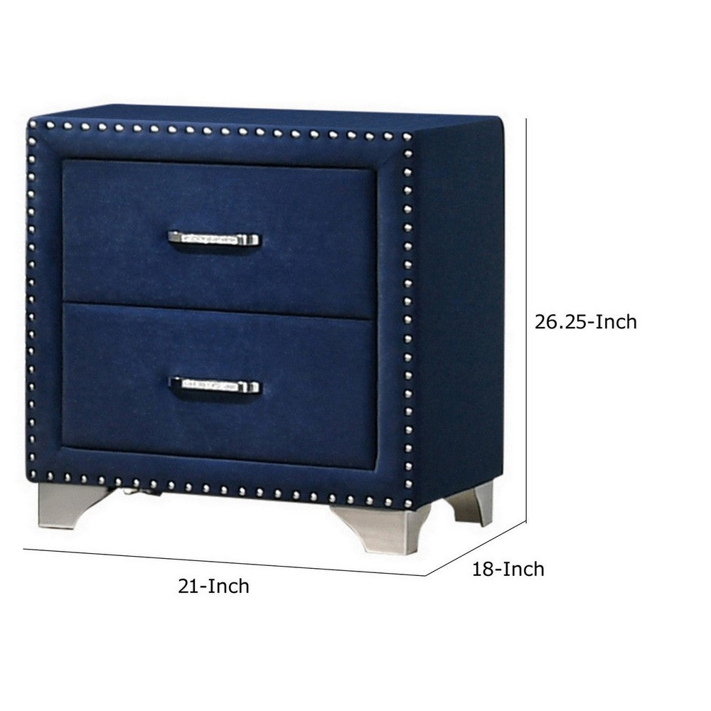 Cale 26 Inch Modern Wood Nightstand, Velvet Upholstered, Nailhead, Blue - BM280481