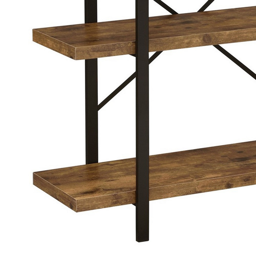 Ana 40 Inch Wood Bookcase, 3 Shelves, Crossed Metal Design, Rustic Brown - BM280486