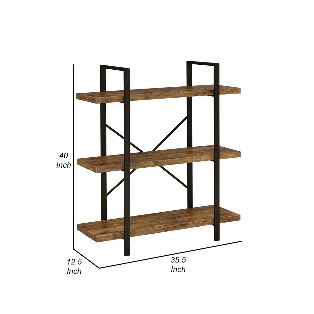 Ana 40 Inch Wood Bookcase, 3 Shelves, Crossed Metal Design, Rustic Brown - BM280486