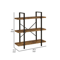 Ana 40 Inch Wood Bookcase, 3 Shelves, Crossed Metal Design, Rustic Brown - BM280486