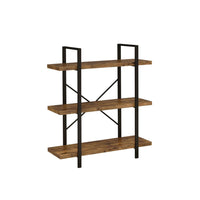 Ana 40 Inch Wood Bookcase, 3 Shelves, Crossed Metal Design, Rustic Brown - BM280486