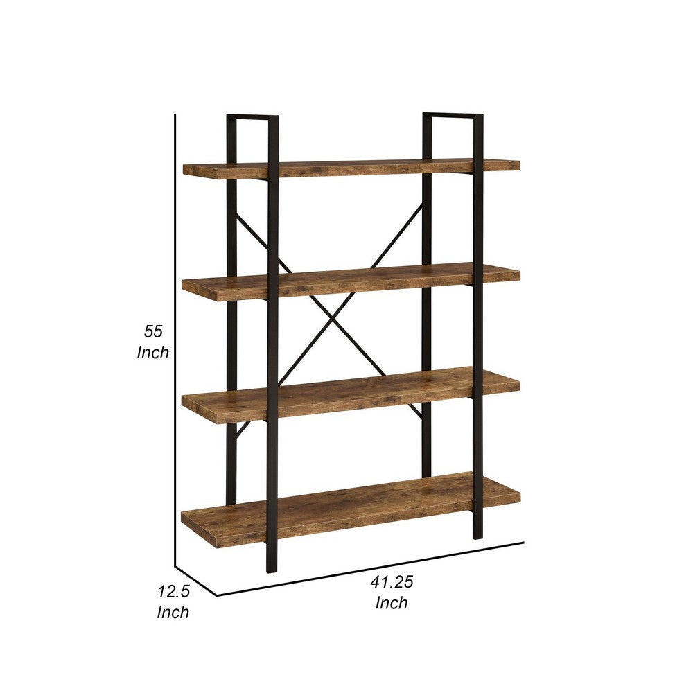 Ana 55 Inch Wood Bookcase, 4 Shelves, Crossed Metal Design, Rustic Brown - BM280487