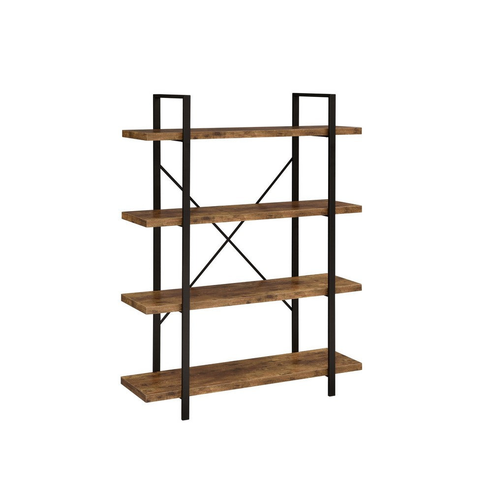 Ana 55 Inch Wood Bookcase, 4 Shelves, Crossed Metal Design, Rustic Brown - BM280487