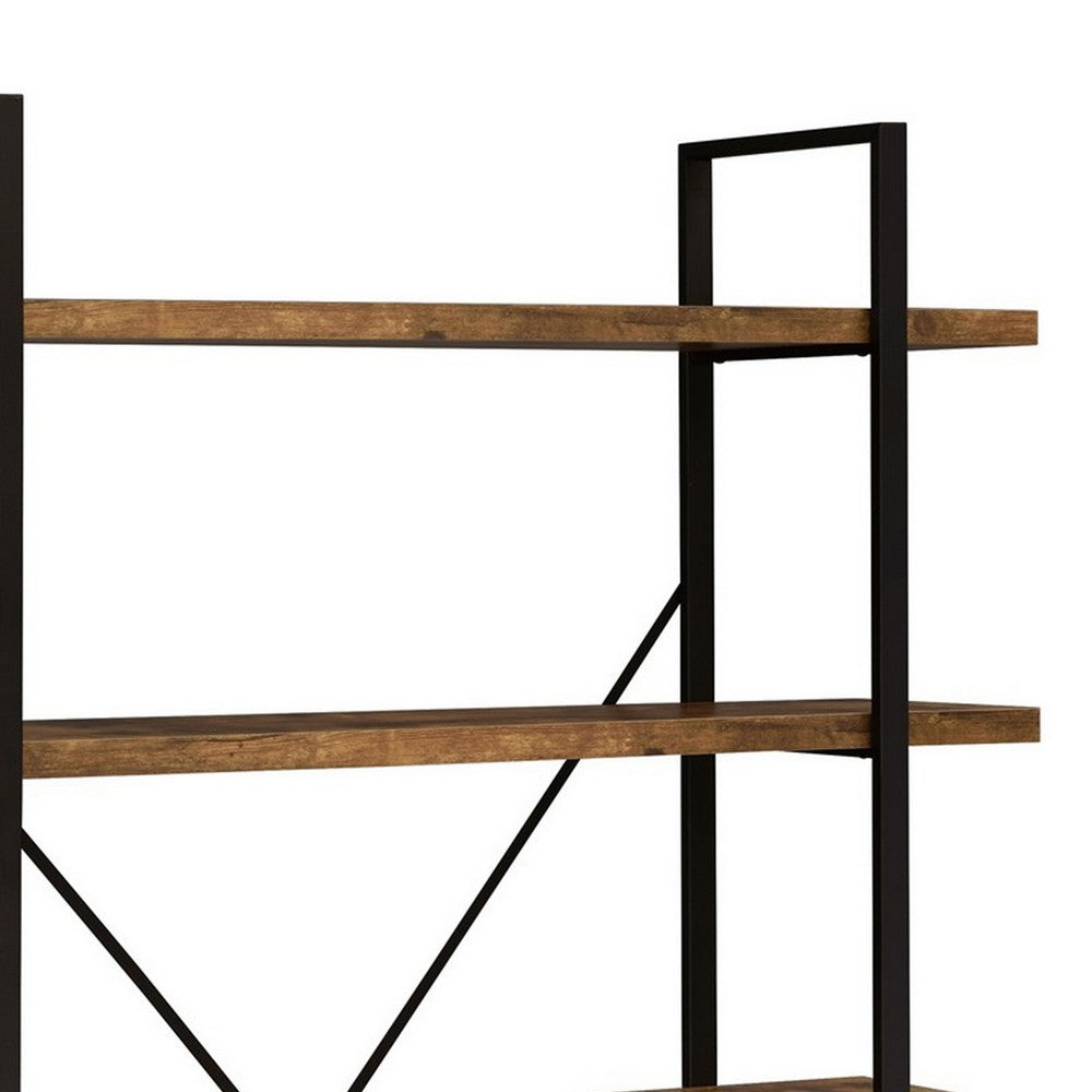 Ana 70 Inch Wood Bookcase, 5 Shelves, Crossed Metal Design, Rustic Brown - BM280488