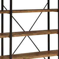 Ana 70 Inch Wood Bookcase, 5 Shelves, Crossed Metal Design, Rustic Brown - BM280488