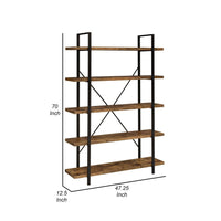 Ana 70 Inch Wood Bookcase, 5 Shelves, Crossed Metal Design, Rustic Brown - BM280488