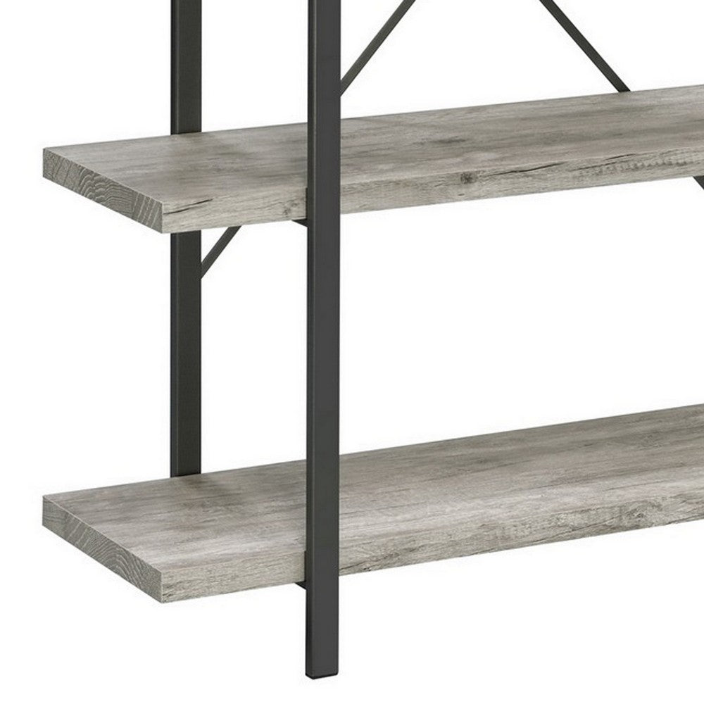 Ana 55 Inch Wood Bookcase, 4 Shelves, Crossed Metal Design, Light Gray - BM280490