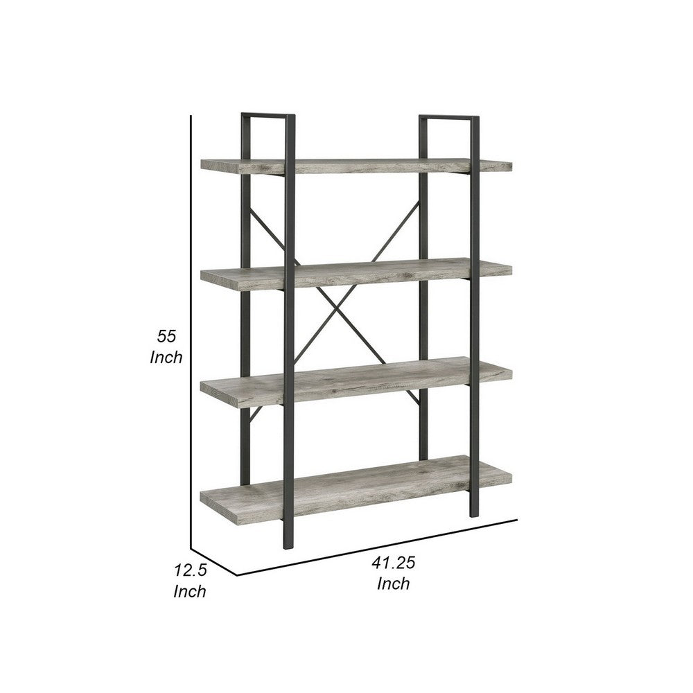 Ana 55 Inch Wood Bookcase, 4 Shelves, Crossed Metal Design, Light Gray - BM280490