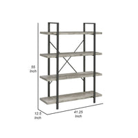 Ana 55 Inch Wood Bookcase, 4 Shelves, Crossed Metal Design, Light Gray - BM280490