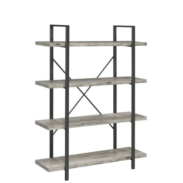 Ana 55 Inch Wood Bookcase, 4 Shelves, Crossed Metal Design, Light Gray - BM280490