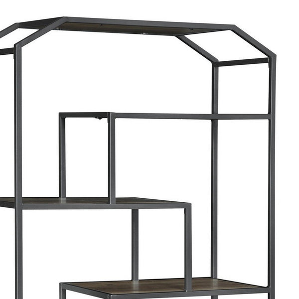 72 Inch Wood Bookcase, Geometric Metal Frame, 7 Shelves, Gray, Brown - BM280492