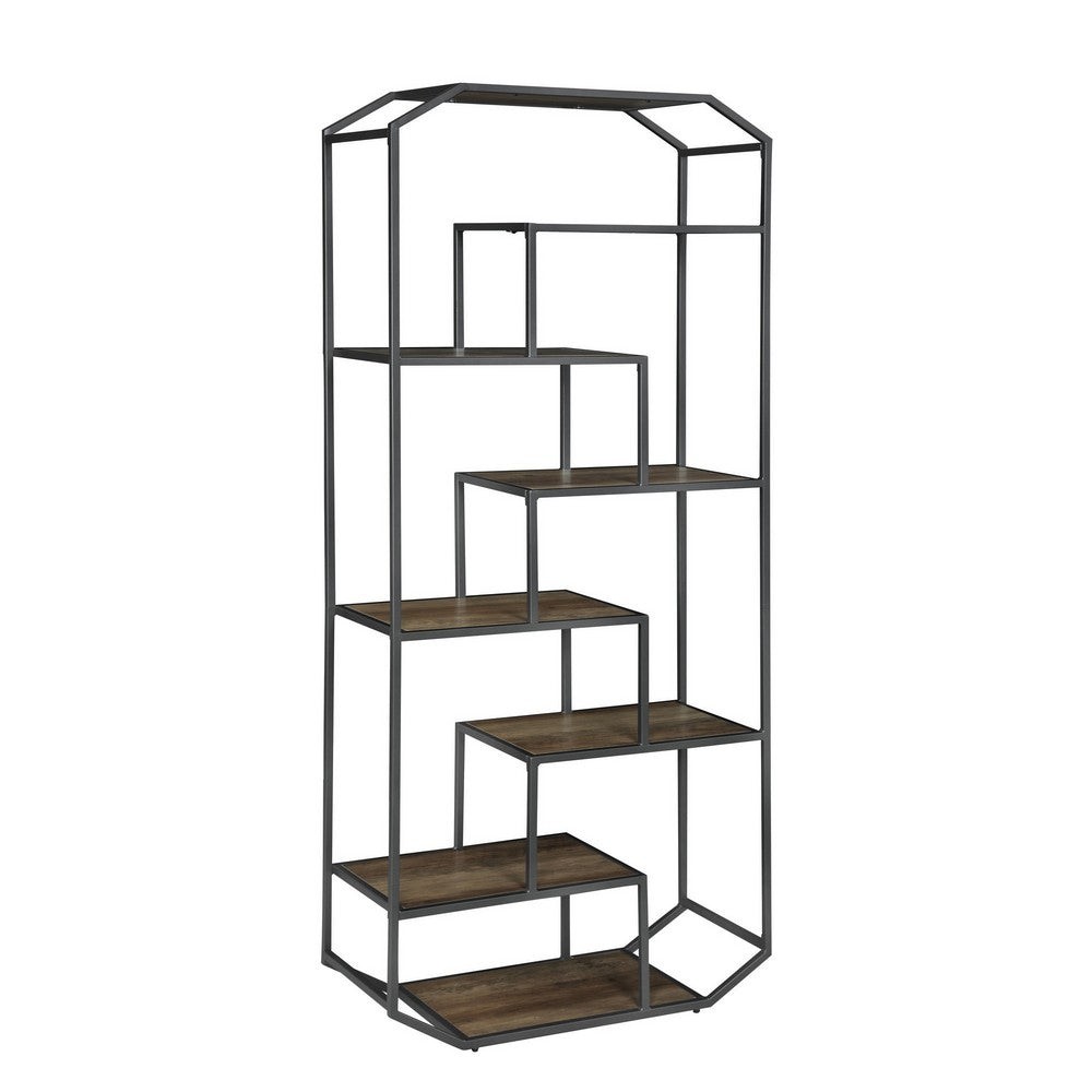 72 Inch Wood Bookcase, Geometric Metal Frame, 7 Shelves, Gray, Brown - BM280492