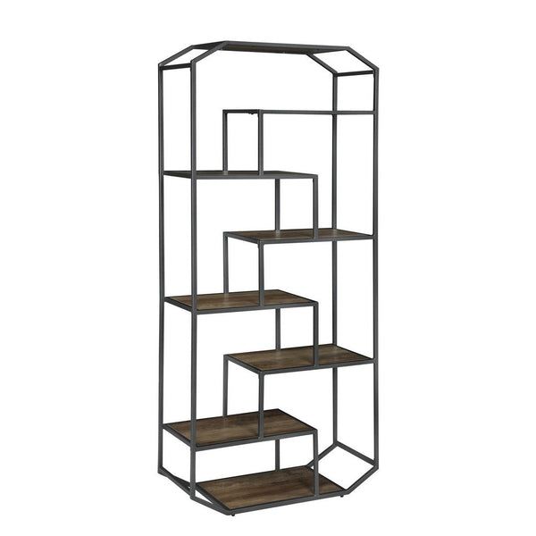 72 Inch Wood Bookcase, Geometric Metal Frame, 7 Shelves, Gray, Brown - BM280492