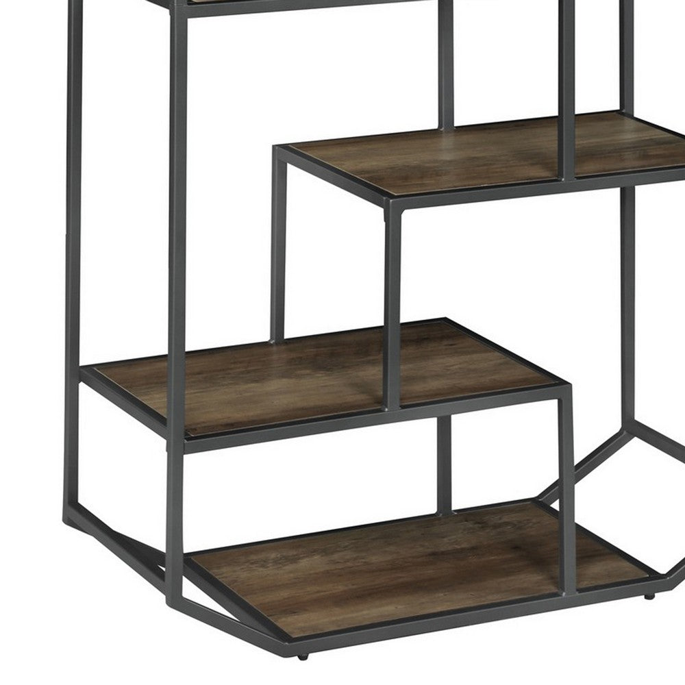 72 Inch Wood Bookcase, Geometric Metal Frame, 7 Shelves, Gray, Brown - BM280492