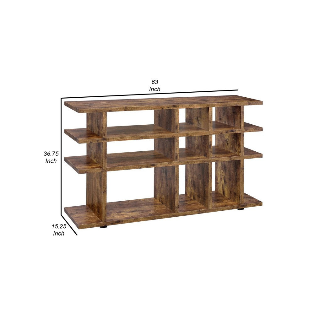 63 Inch Wood Bookcase, 3 Tier Divided Shelves, Vertical, Rustic Brown - BM280494