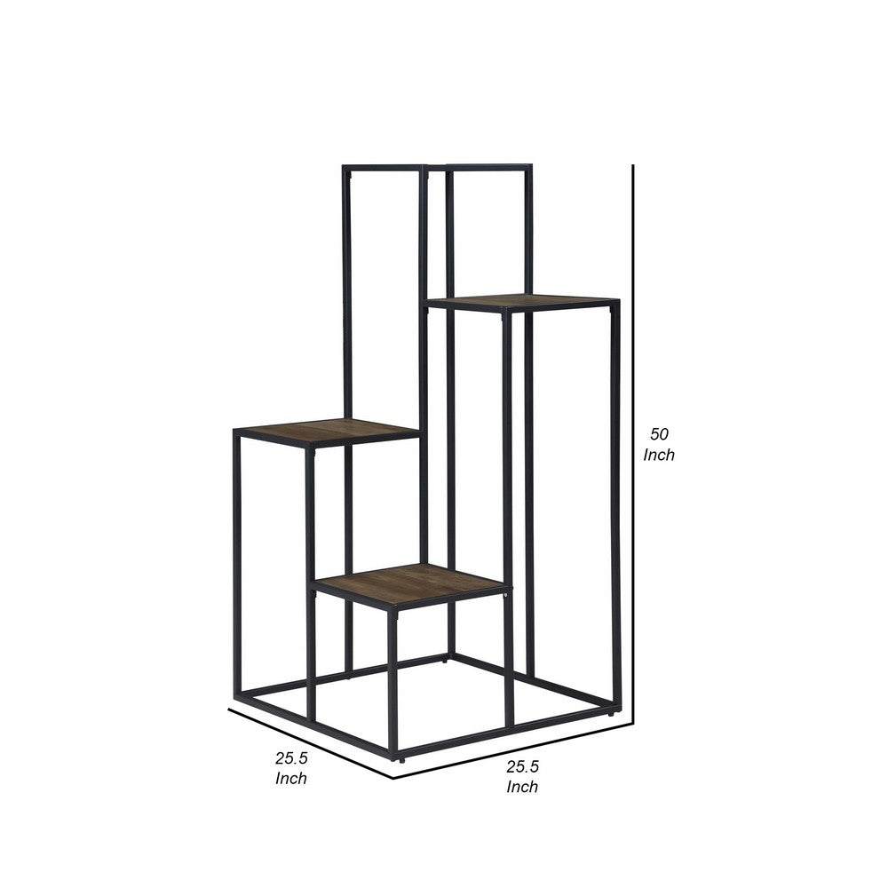 50 Inch 4 Tier Design Display Shelf, Metal Frame, Industrial, Brown, Black - BM280495