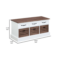 39 Inch Modern Storage Bench, 3 Drawers, Bar Handles, Wood, White, Brown - BM280506