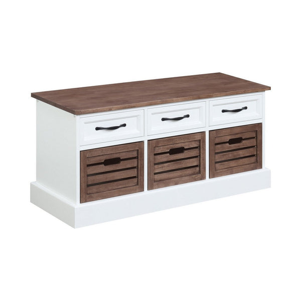 39 Inch Modern Storage Bench, 3 Drawers, Bar Handles, Wood, White, Brown - BM280506