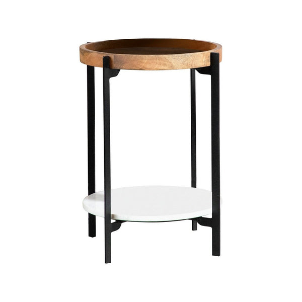 24 Inch Modern End Accent Table, Round Marble Shelf, Wood, White, Brown - BM280571