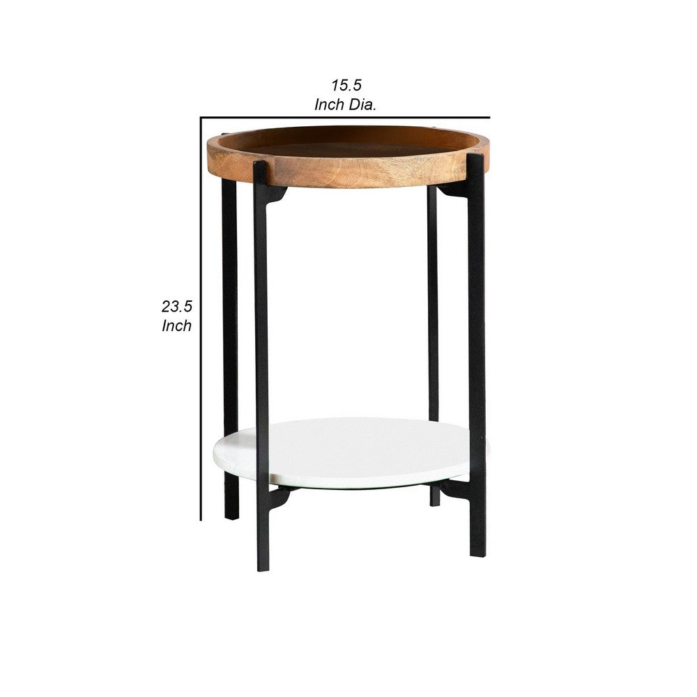 24 Inch Modern End Accent Table, Round Marble Shelf, Wood, White, Brown - BM280571