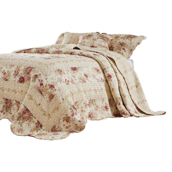 Rosle 3 Piece King Bedspread Set, Floral Print, Scalloped, Cream, Pink - BM281989
