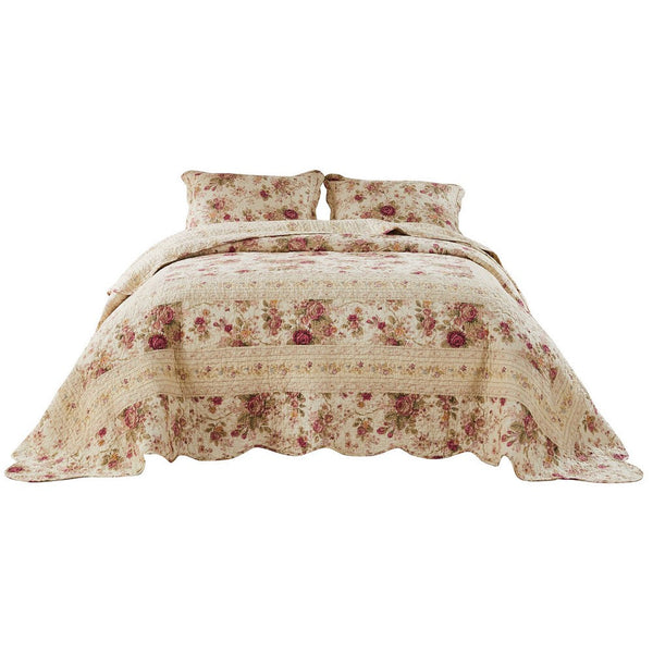 Rosle 3 Piece King Bedspread Set, Floral Print, Scalloped, Cream, Pink - BM281989