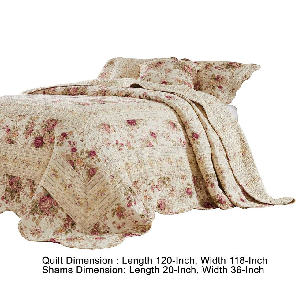 Rosle 3 Piece King Bedspread Set, Floral Print, Scalloped, Cream, Pink - BM281989