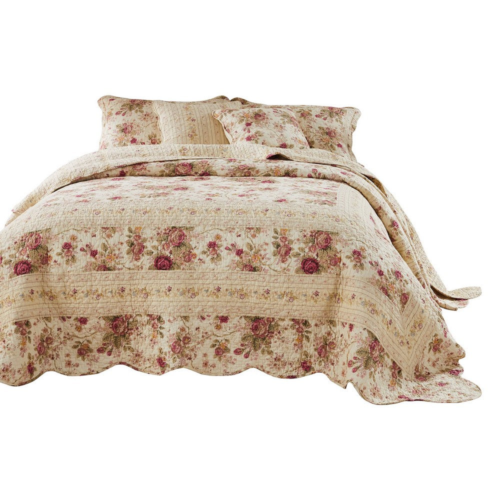Rosle 3 Piece Queen Bedspread Set, Floral Print, Scalloped, Cream, Pink - BM281990