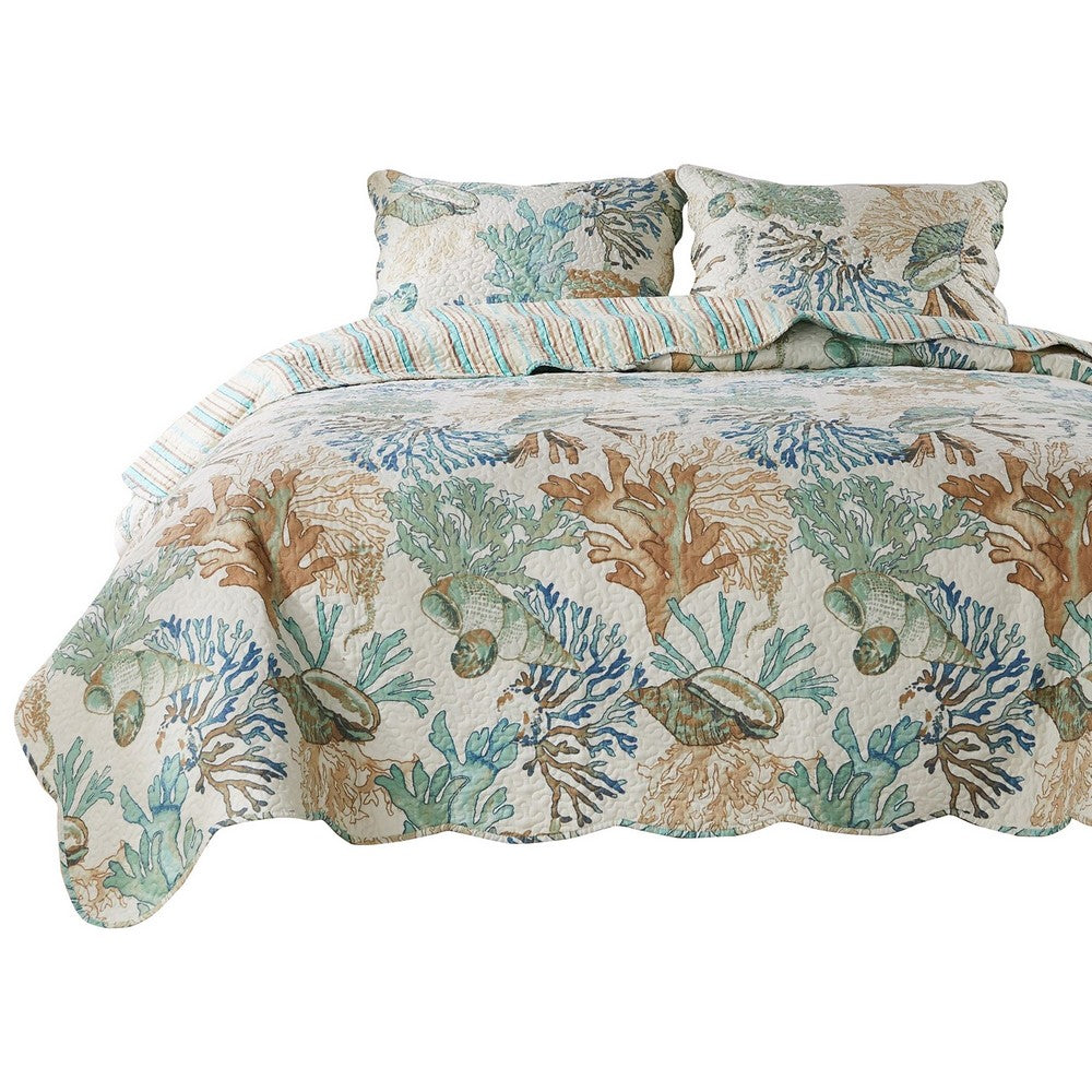 Wade 4 Piece Twin Quilt Set, Ocean Design, Scalloped Edges, Floral Pattern - BM281991