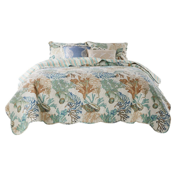 Wade 5 Piece Full Quilt Set, Ocean Design, Scalloped Edges, Floral Pattern - BM281992