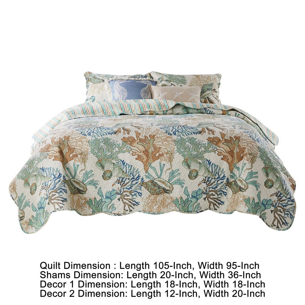 Wade 5 Piece King Quilt Set, Ocean Design, Scalloped Edges, Floral Pattern - BM281993