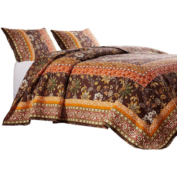 Dill 2 Piece Twin Quilt Set, Bohemian, Jacobean Floral Print, Brown, Orange - BM281995