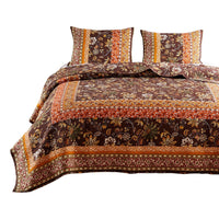 Dill 2 Piece Twin Quilt Set, Bohemian, Jacobean Floral Print, Brown, Orange - BM281995