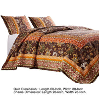 Dill 2 Piece Twin Quilt Set, Bohemian, Jacobean Floral Print, Brown, Orange - BM281995