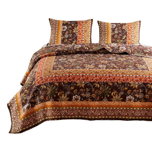 Dill 3 Piece Full Quilt Set, Bohemian, Jacobean Floral Print, Brown, Orange - BM281996