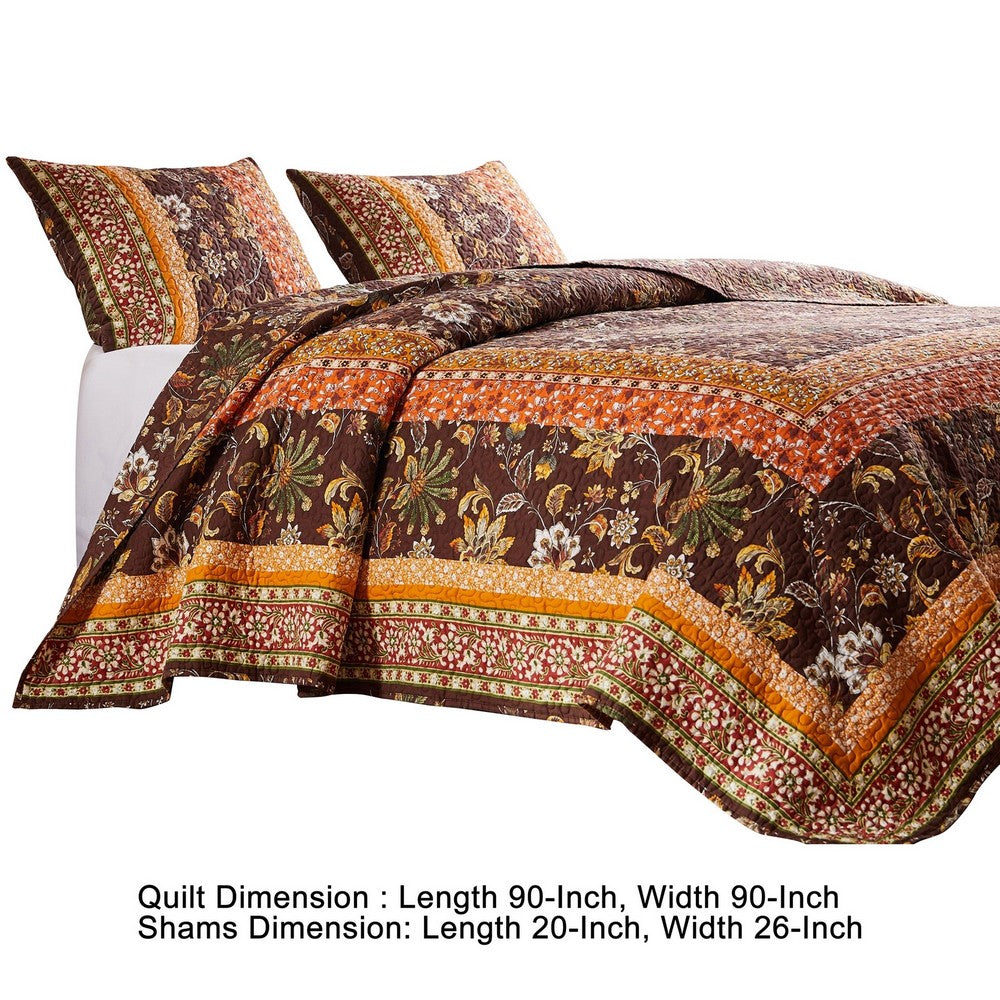 Dill 3 Piece Full Quilt Set, Bohemian, Jacobean Floral Print, Brown, Orange - BM281996