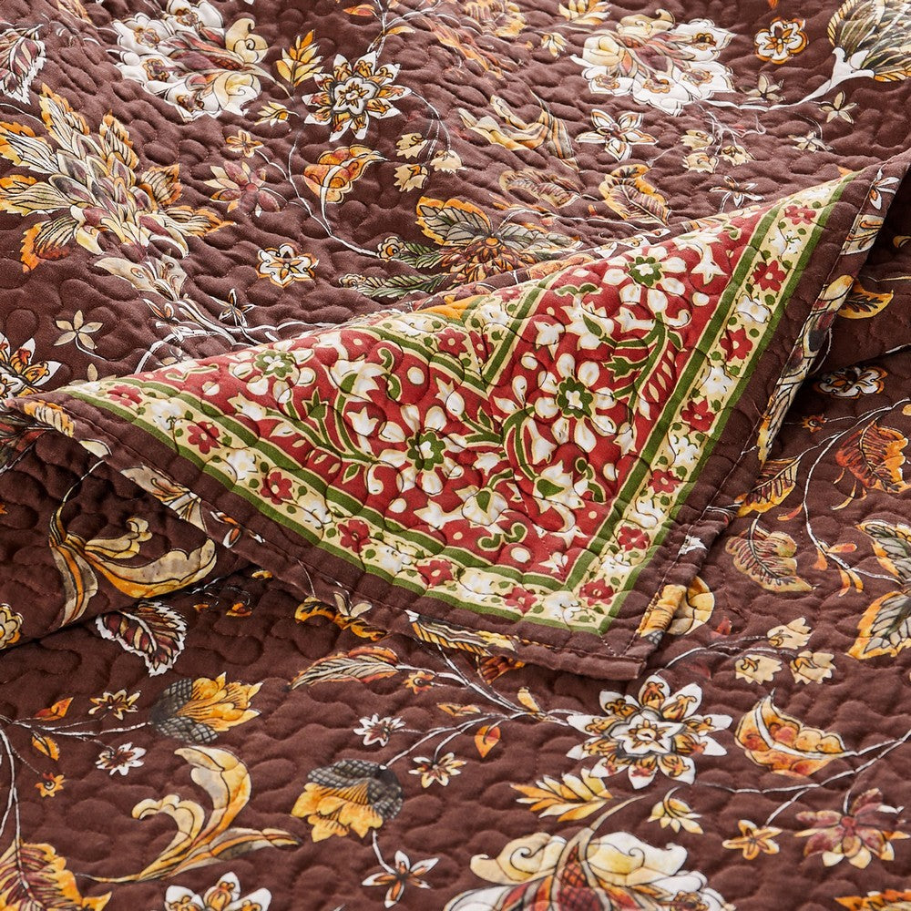 3 Piece King Quilt Set, Bohemian, Jacobean Floral Print, Brown, Orange - BM281997