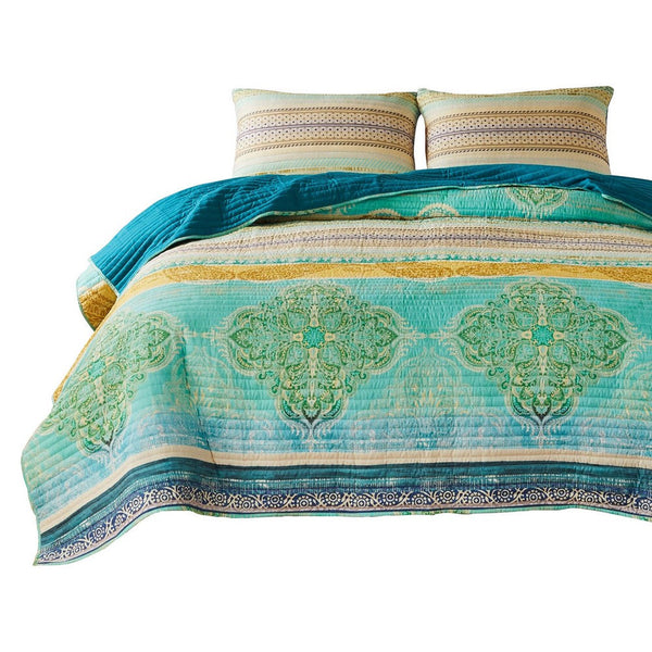 Dora 3 Piece Bohemian Full Quilt Set, Medallion, Paisley, Blue, Green - BM281999