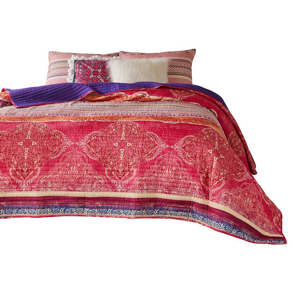 Dora 3 Piece Bohemian Full Quilt Set, Medallion, Paisley, Pink, Blue - BM282002