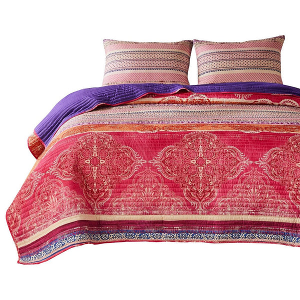 Dora 3 Piece Bohemian King Quilt Set, Medallion, Paisley, Pink, Blue - BM282003