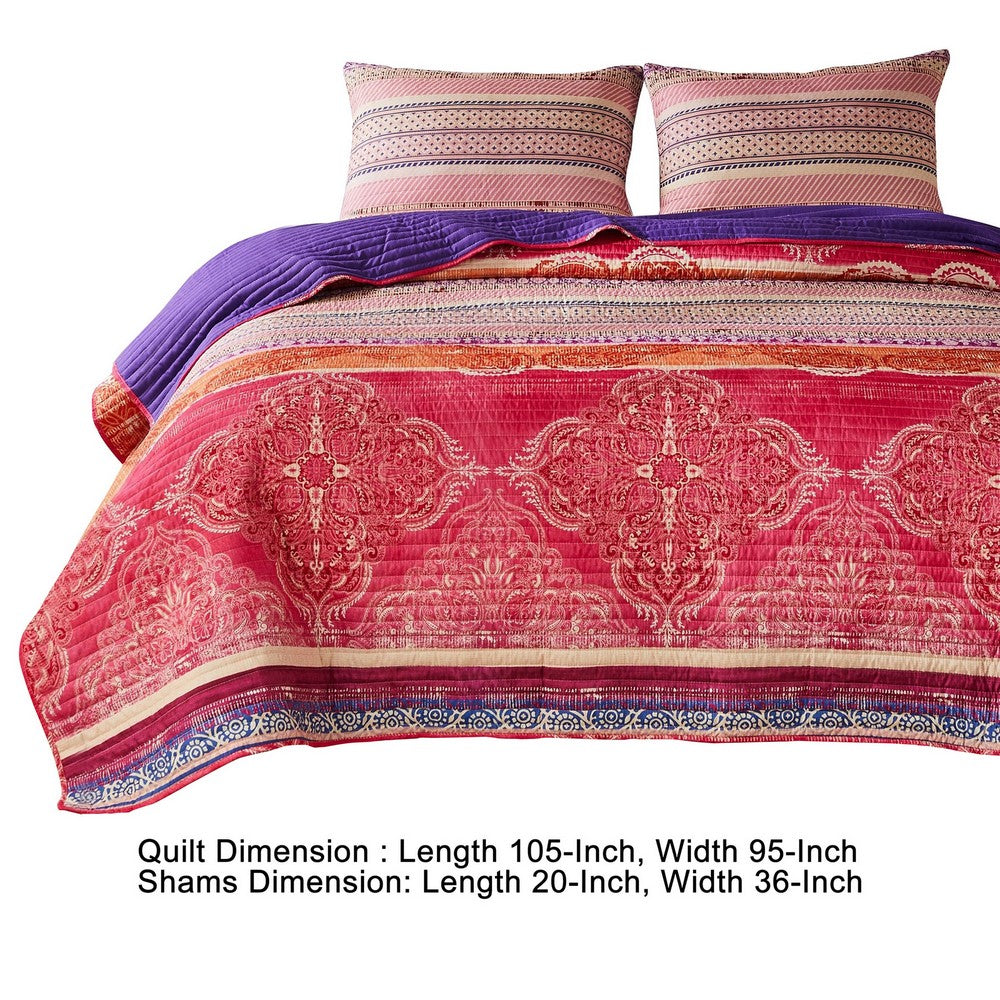 Dora 3 Piece Bohemian King Quilt Set, Medallion, Paisley, Pink, Blue - BM282003