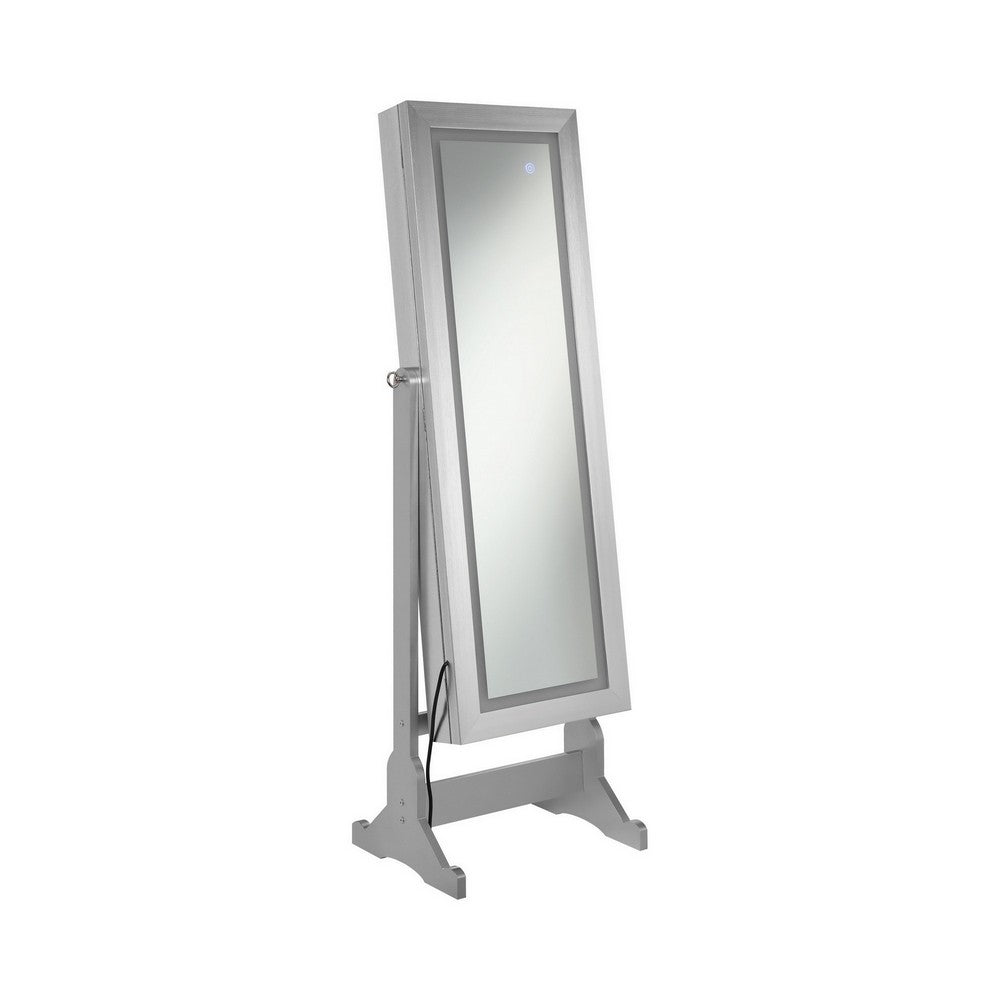 benzara 58 Inch Full Body Floor Cheval Mirror Jewelry Storage LED Silver - BM282017