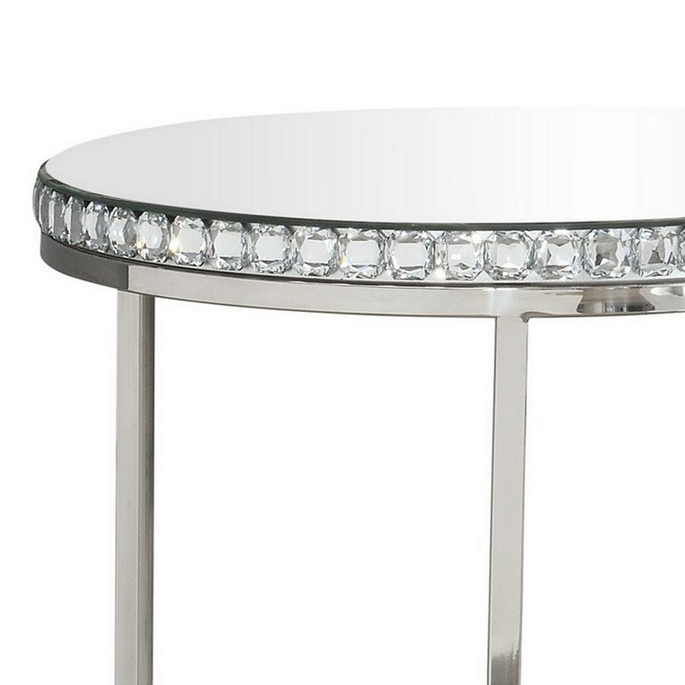 24 Inch Nesting Accent Tables, Mirrored Gemstone Trim, Set of 2, Silver - BM282030