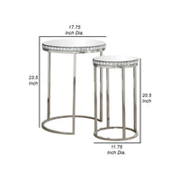 24 Inch Nesting Accent Tables, Mirrored Gemstone Trim, Set of 2, Silver - BM282030