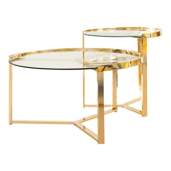 23 Inch Round Nesting Accent Tables, Glass Top, Metal Base, Set of 2, Gold - BM282032