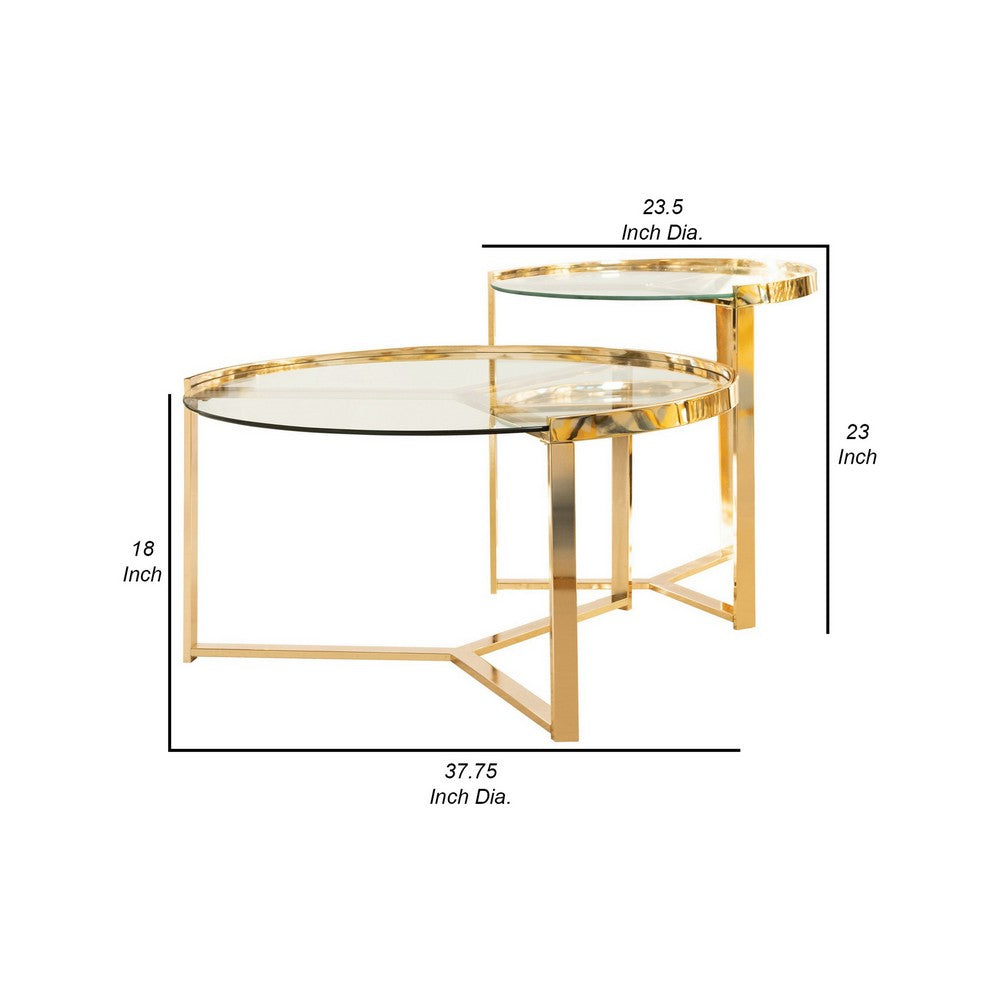 23 Inch Round Nesting Accent Tables, Glass Top, Metal Base, Set of 2, Gold - BM282032