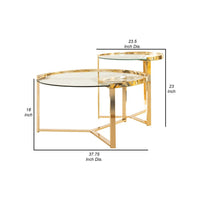 23 Inch Round Nesting Accent Tables, Glass Top, Metal Base, Set of 2, Gold - BM282032